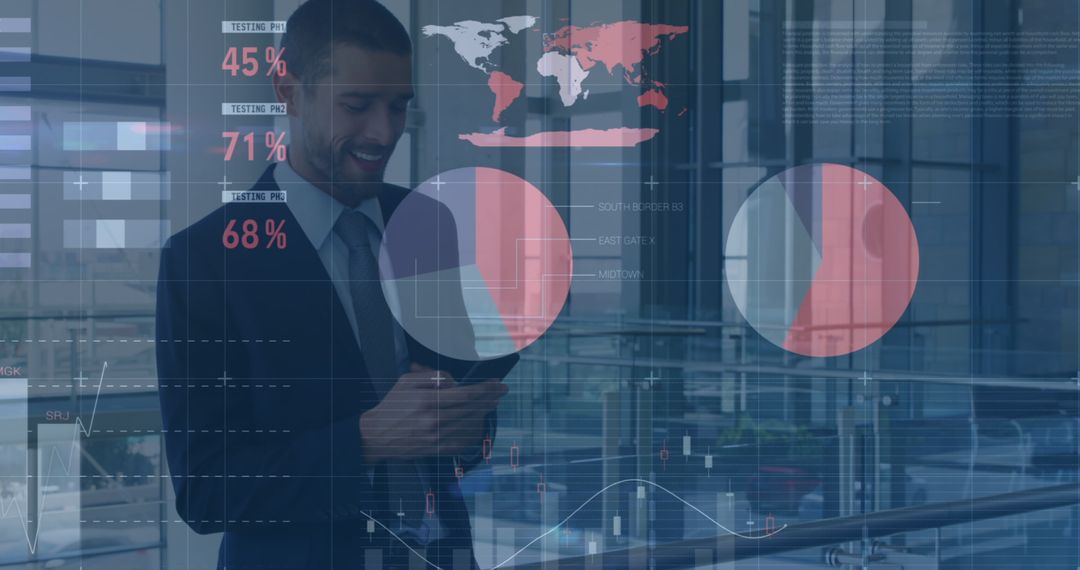 Businessman Engaging with Digital Data Interface in Modern Office