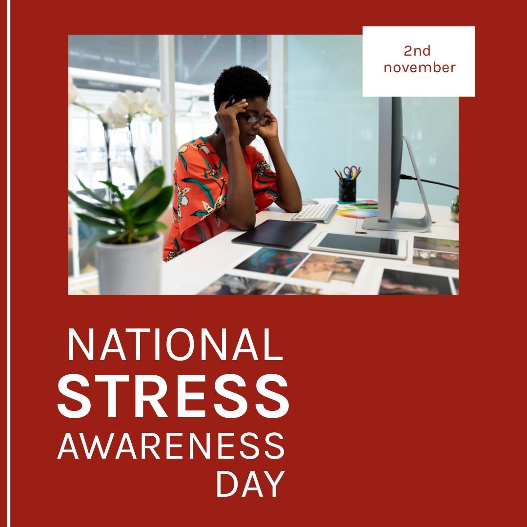Image of national stress awareness day over stressed african american woman in office - Download Free Stock Templates Pikwizard.com