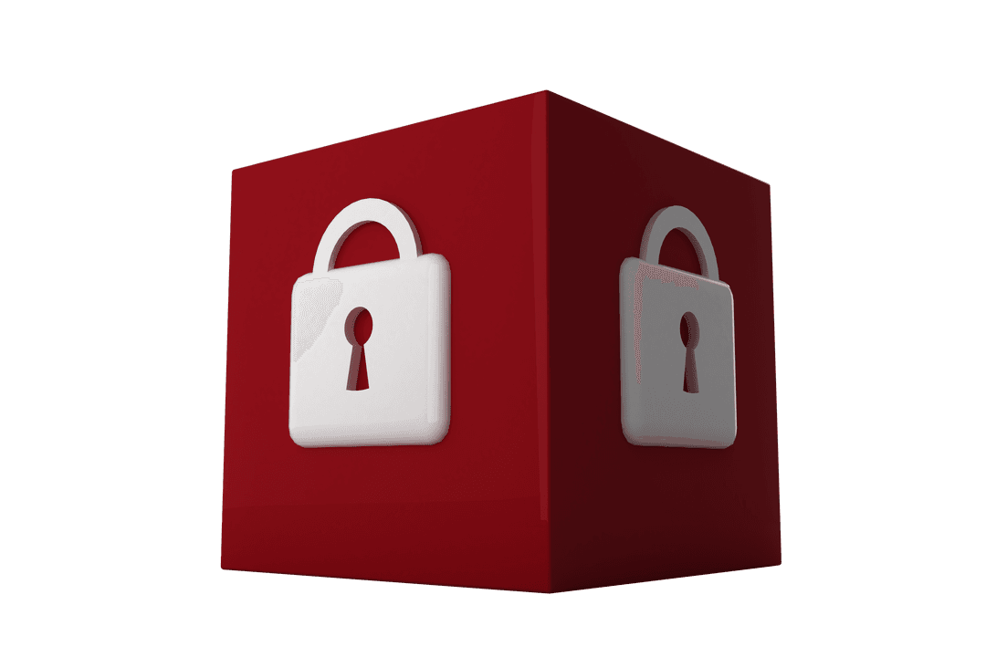 Red Cube with Digital Padlock on Transparent Background for Security Concept