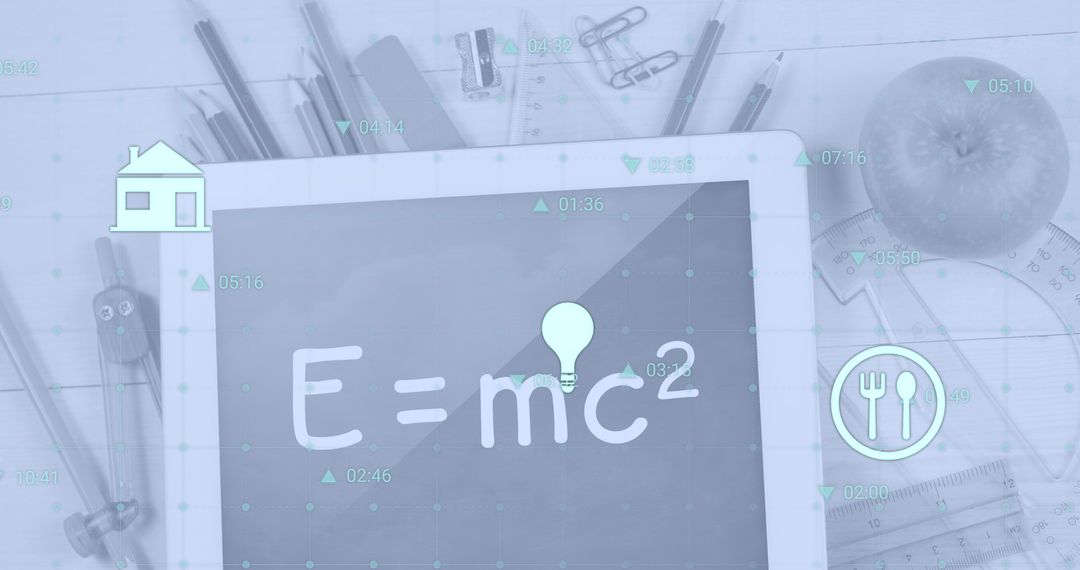Digital Interface with Educational Icons Over Study Supplies