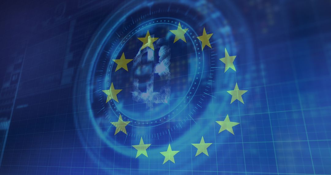 Digital Representation of Bitcoin Overlaid on European Flag in Futuristic Interface
