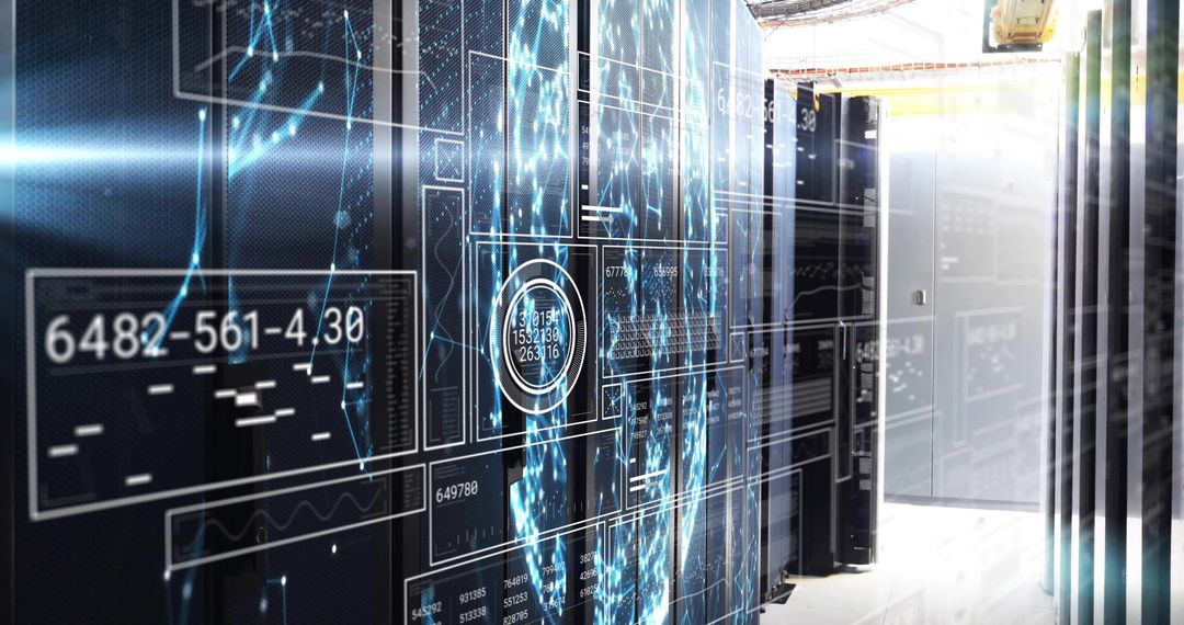 Futuristic Data Center with Digital Network Graphs on Server Racks