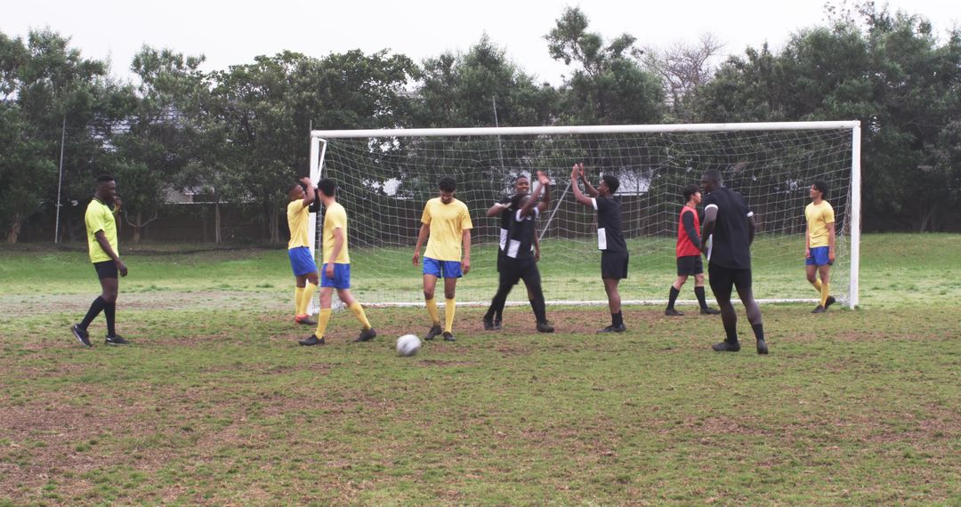 Amateur Soccer Players Congratulating Near Goal on Pitch