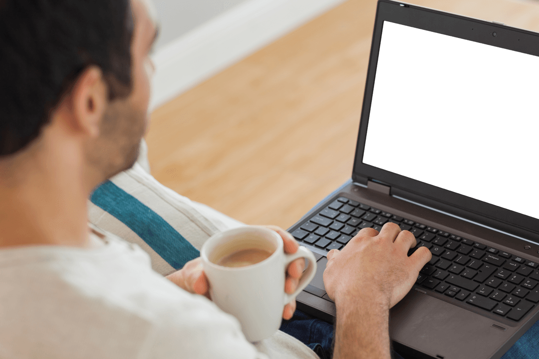 Biracial Man Handling Laptop with Coffee on Transparent Background