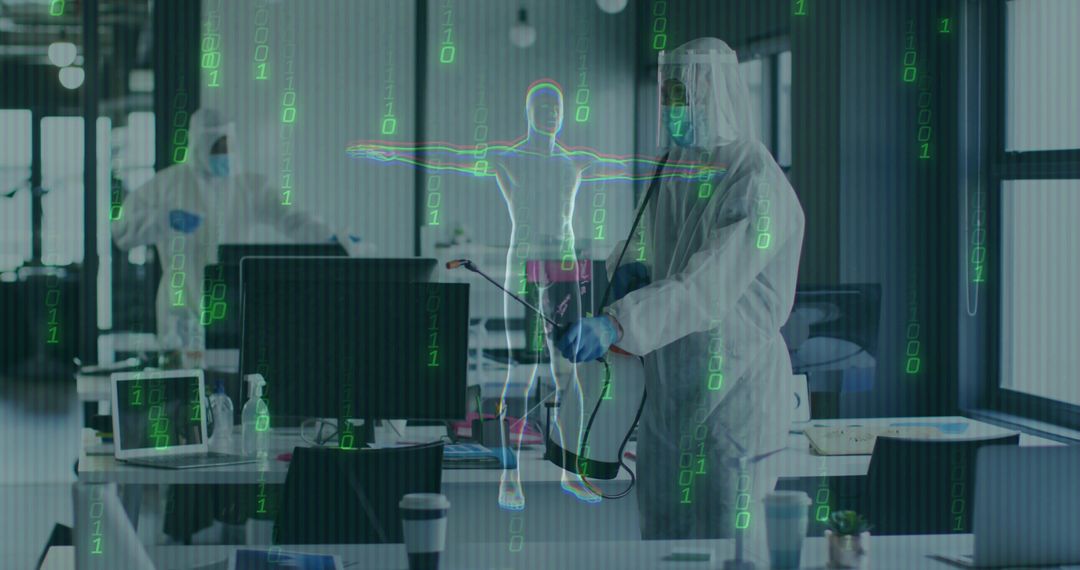 Hazmat Worker Sanitizing Office with Digital Overlay