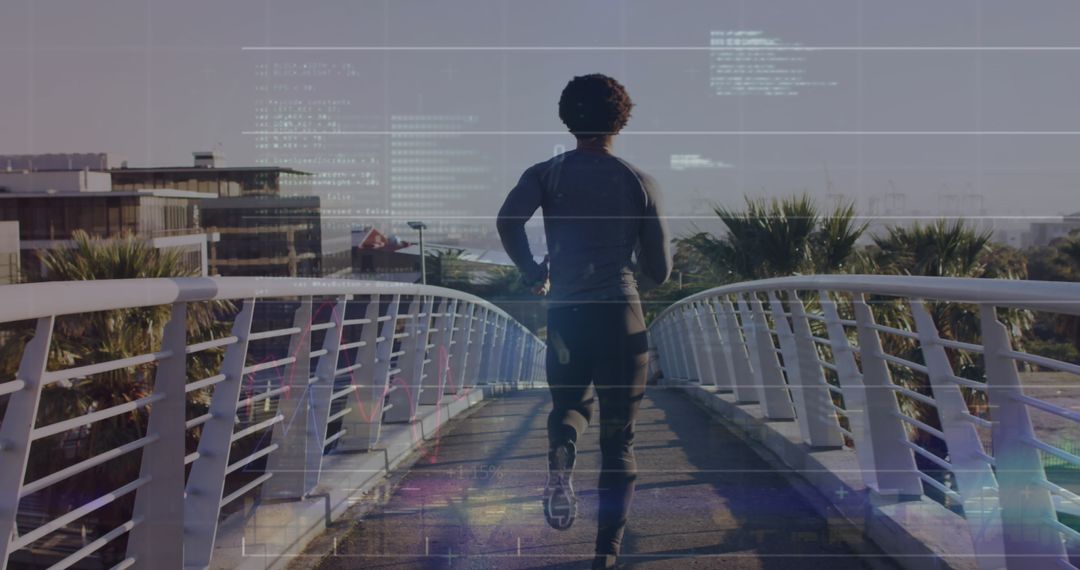Man Jogging on Urban Footbridge with Digital Overlay