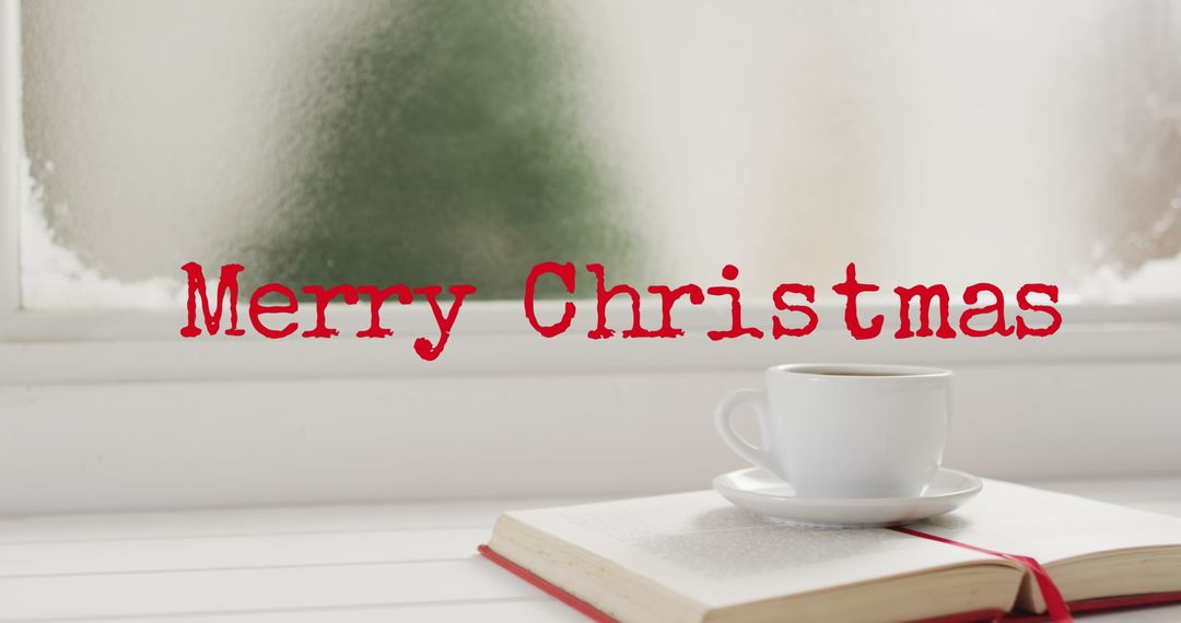 Festive Christmas Greeting with Book and Coffee Beside Window