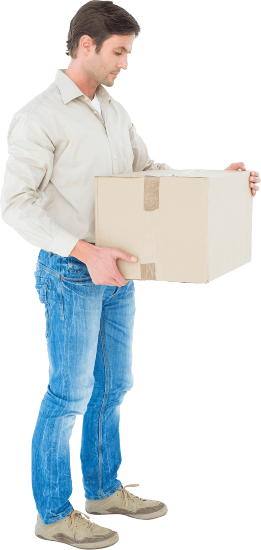 Delivery Man Comfortably Balancing Cardboard Package on Clear Background