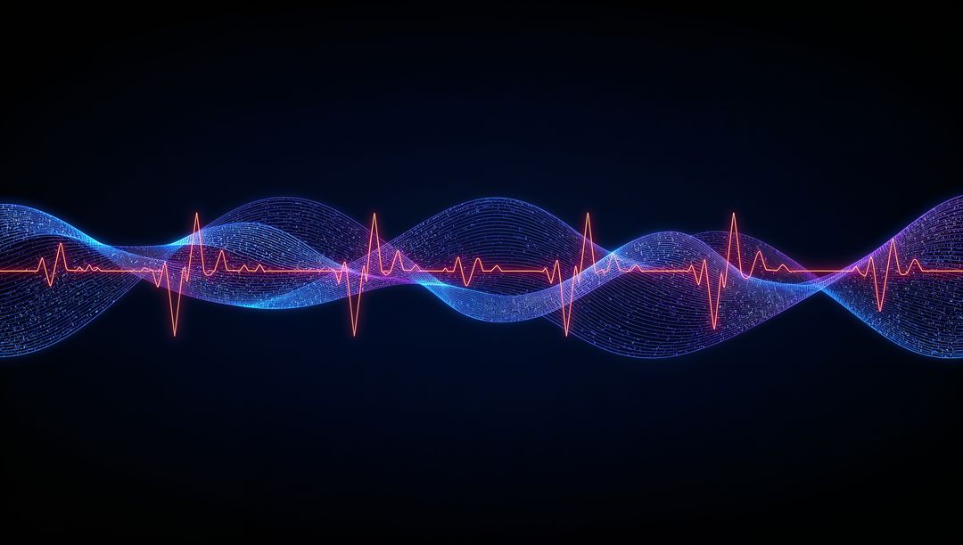 Neon ECG Waveform Pulsing Over Blue Digital Mesh Wave for Heartbeat Data Visualization