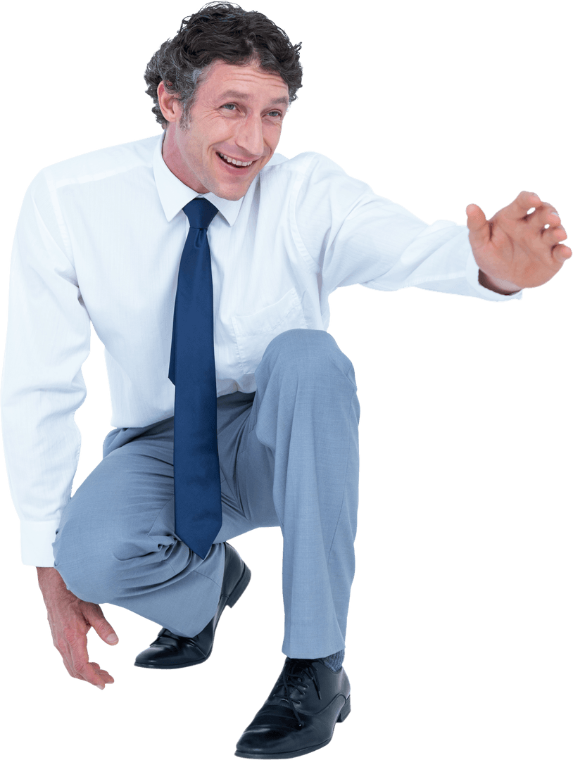Happy Businessman Kneeling Reaching Out on Transparent Background