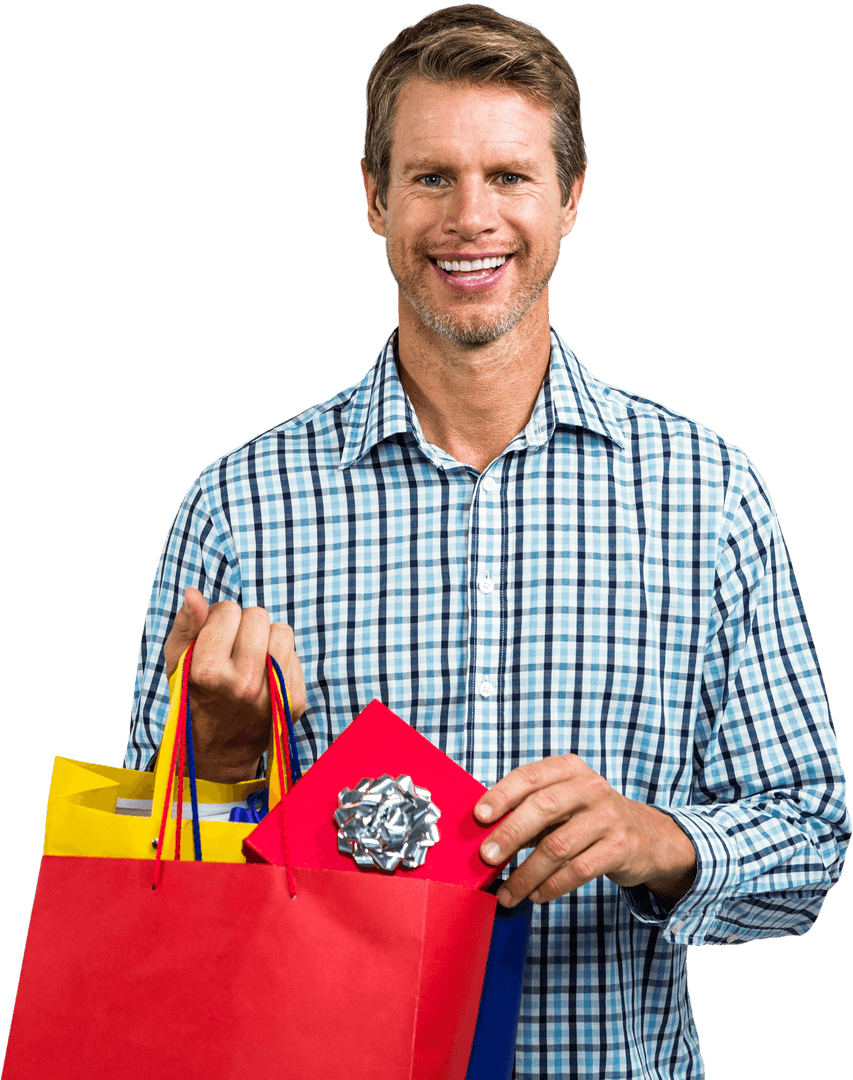 Transparent Image of Smiling Man Holding Colorful Shopping Bags