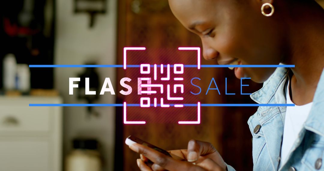 Flash Sale Concept with QR Code and Woman Using Smartphone