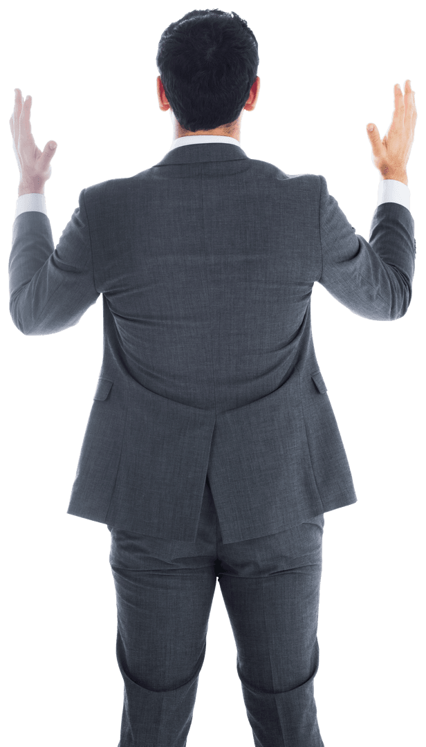 Transparent Businessman Raising Hands in Business Suit from Back
