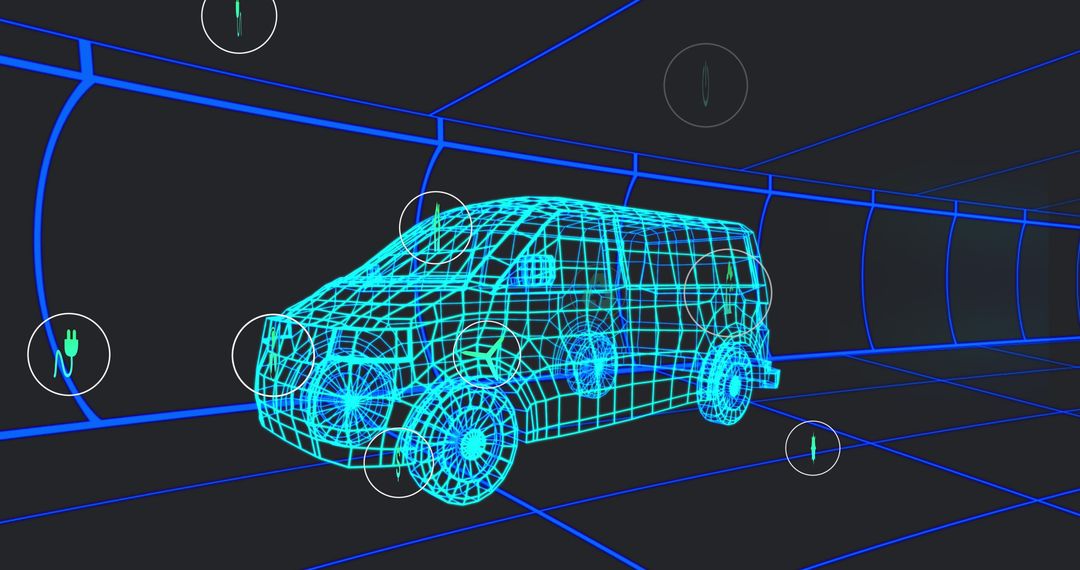 Futuristic Van Wireframe in Digital Tunnel Environment