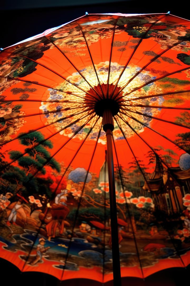 Colourful chinese umbrella with landscape pattern, created using generative ai technology - Free Images, Stock Photos and Pictures on Pikwizard.com