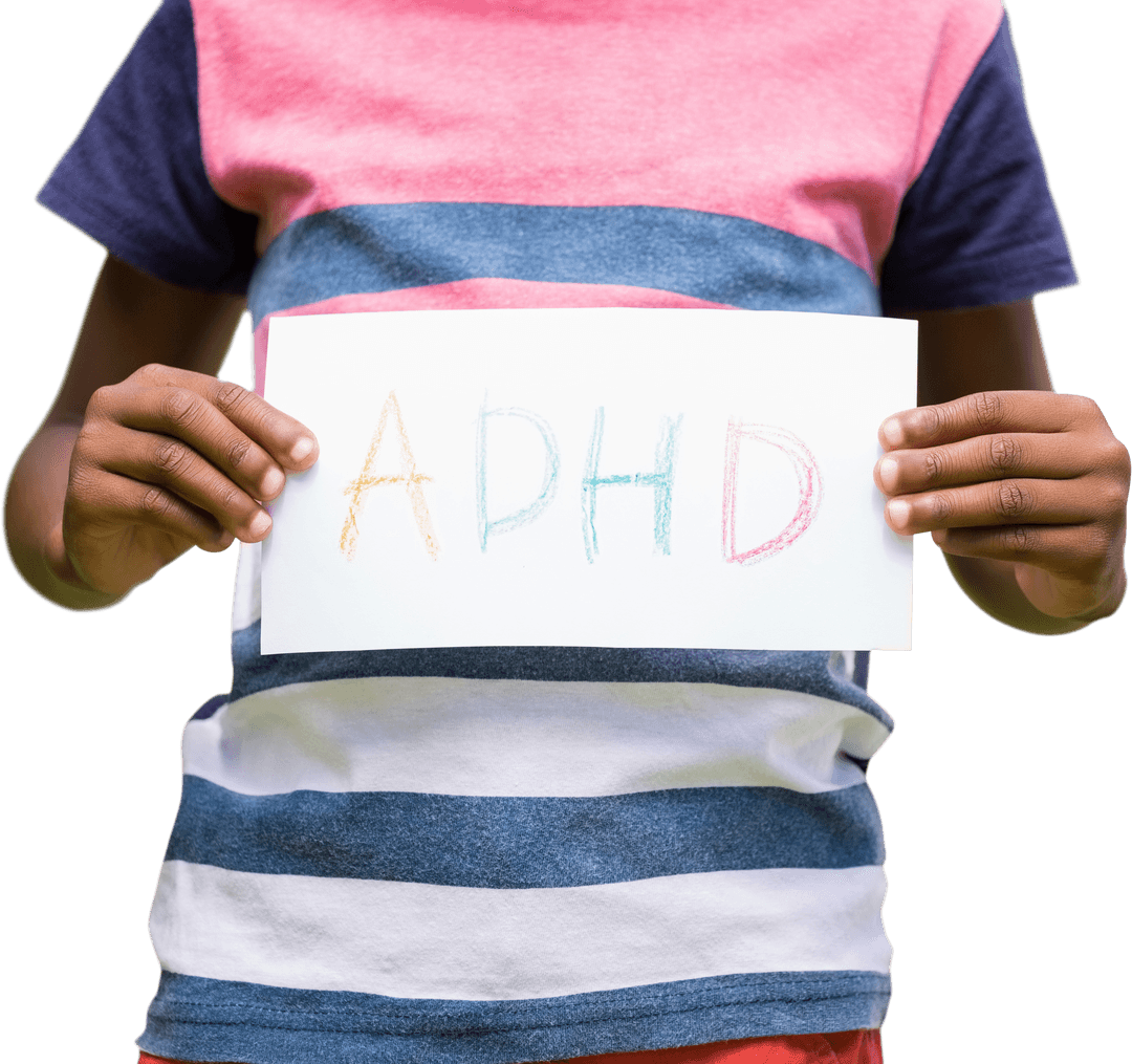 Child Holding Transparent ADHD Sign Made With Crayons