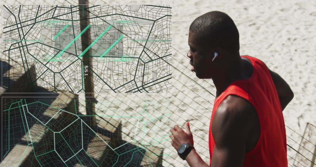 Man Running on Beach with Digital Map Overlay Showing Fitness Tracking