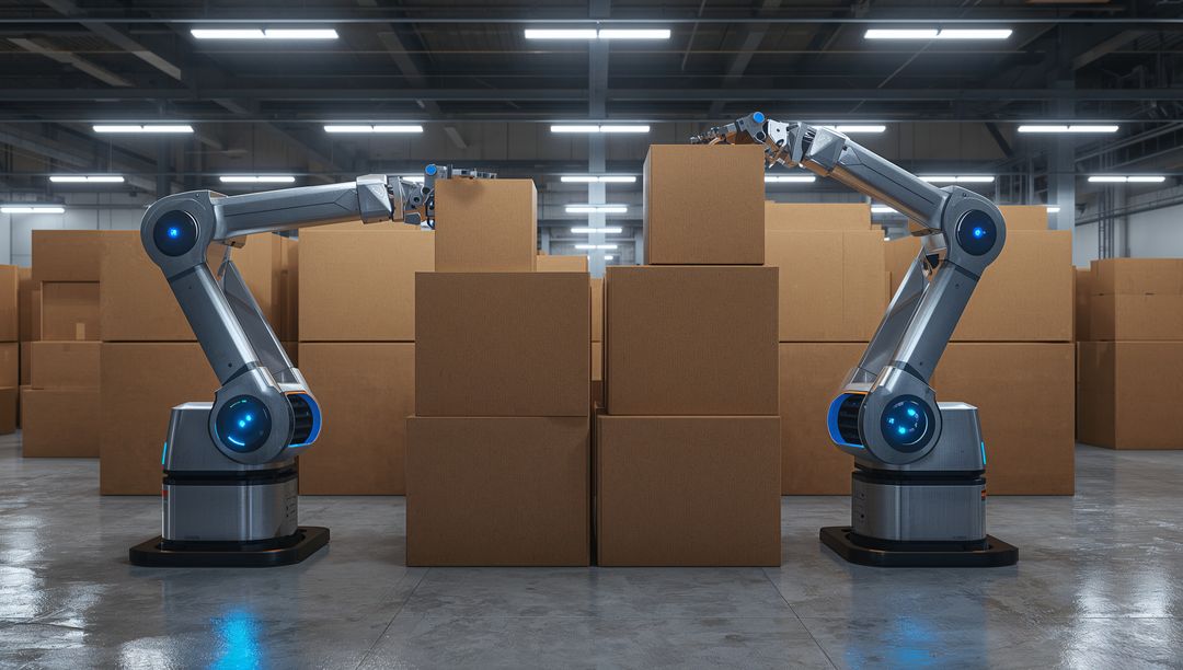 Dual robotic arms stacking cardboard boxes in warehouse for automated fulfillment