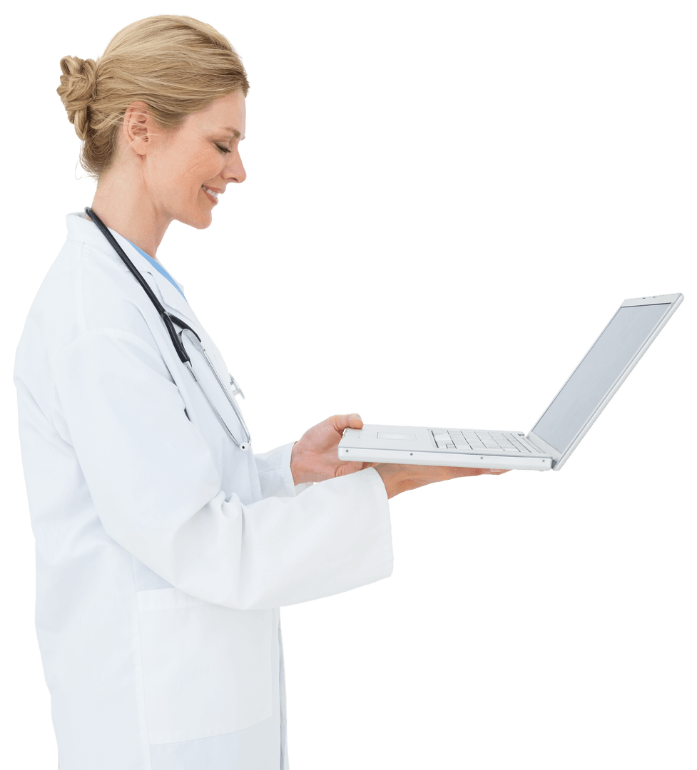 Smiling Female Doctor Using Laptop with Stethoscope on Neck