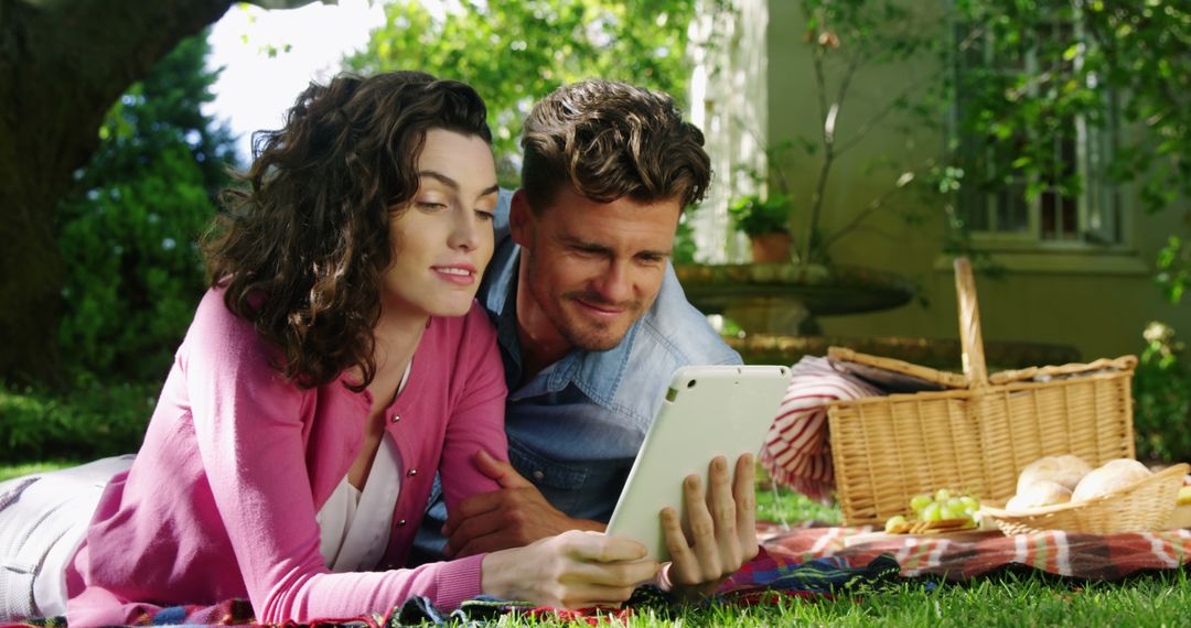 Couple Relaxing Outside with Tablet on Picnic in Sunny Garden - Free Images, Stock Photos and Pictures on Pikwizard.com