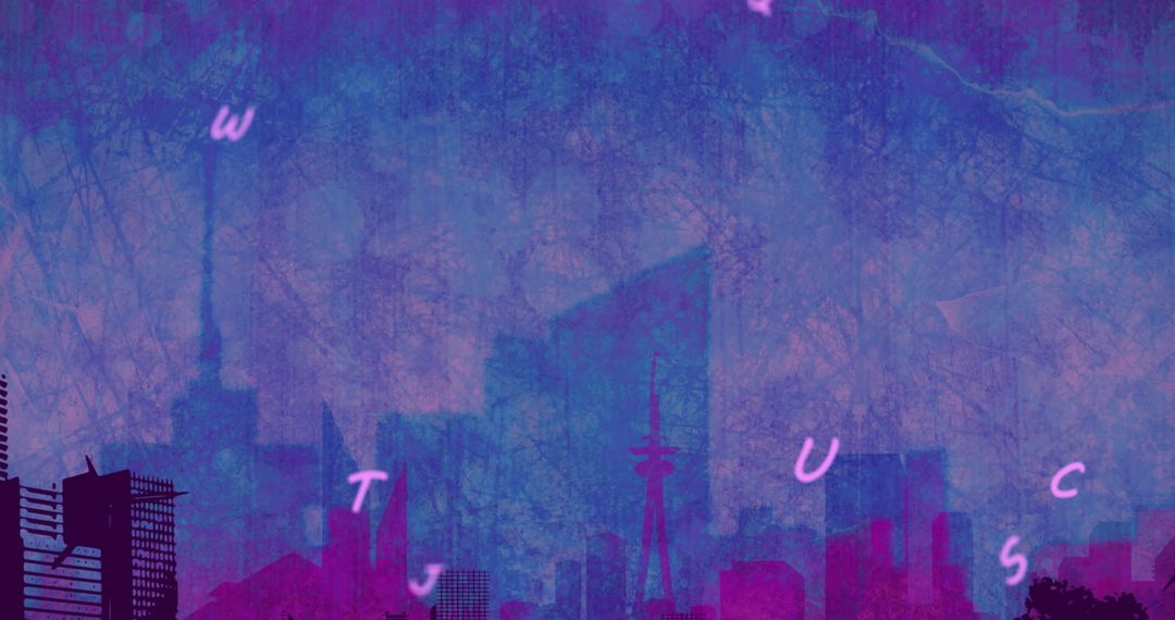 Abstract Cityscape with Falling Letters in Purple and Blue