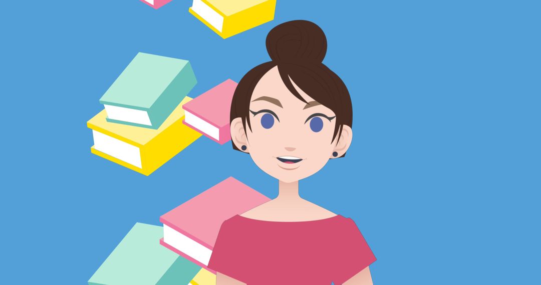 Digital Portrait of Woman Discussing Books with Floating Illustrations