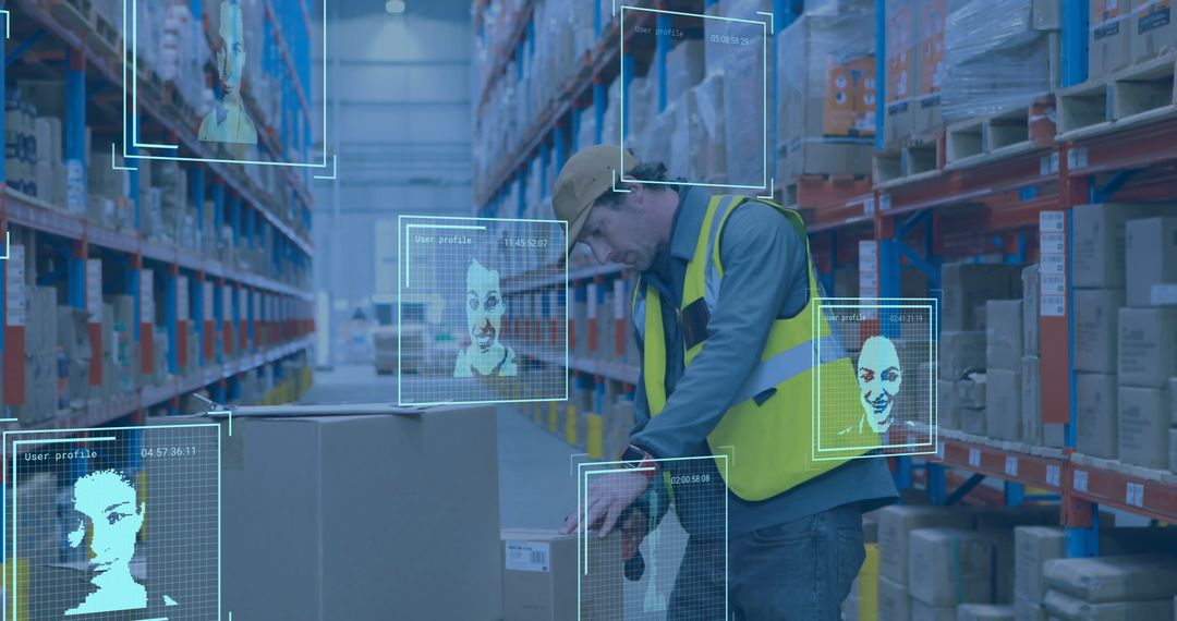 Modern Warehouse Worker Using AI Facial Recognition Technology
