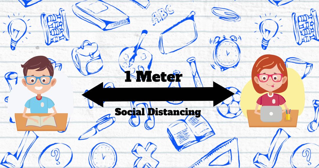 Social distancing in school concept with students and educational icons