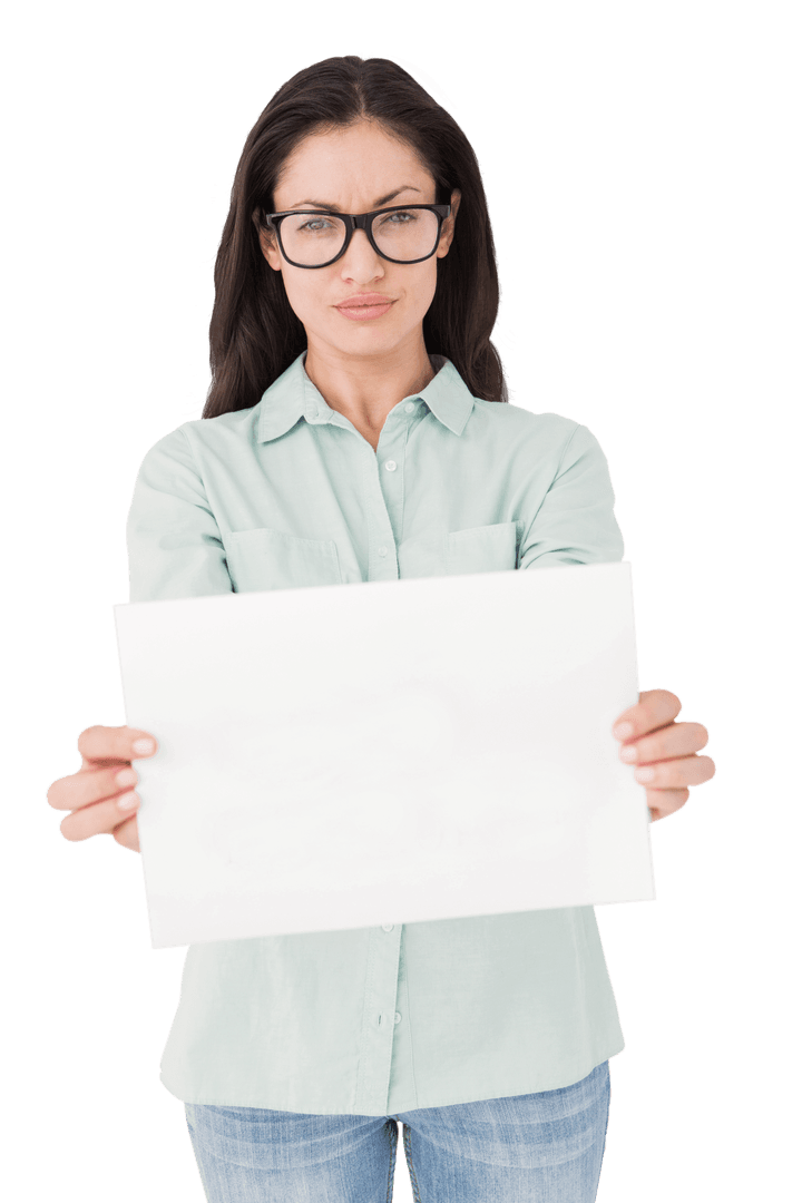 Serious Woman Holding Blank Card on Transparent Background