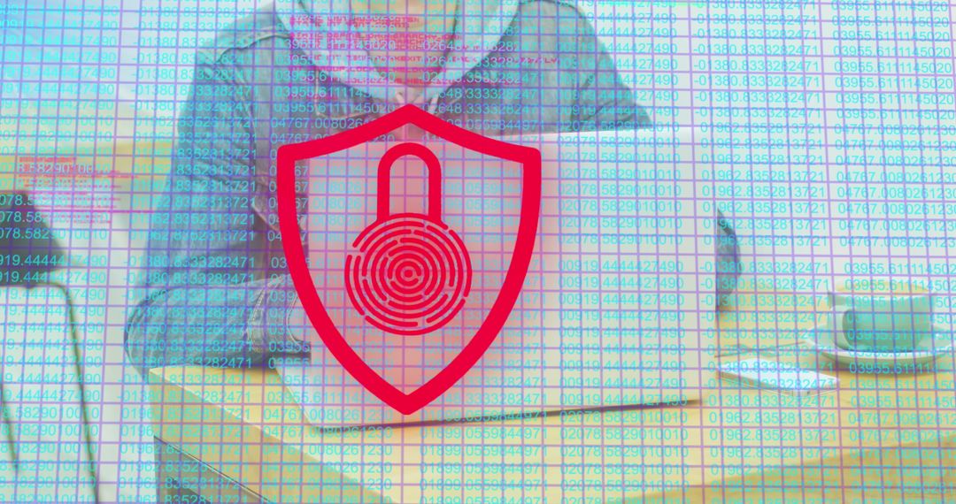 Caucasian Businessman Using Laptop with Digital Biometric Security Overlay