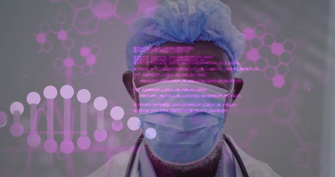 Medical Professional in Protective Gear with Data Visualization Overlay