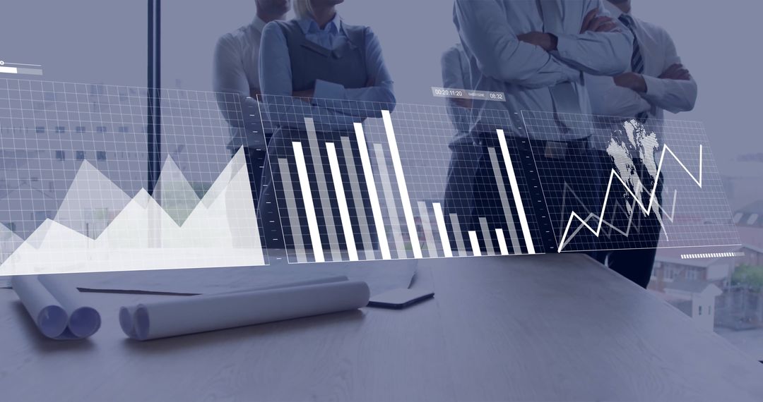 Business Professionals Analyzing Financial Data on Virtual Screen