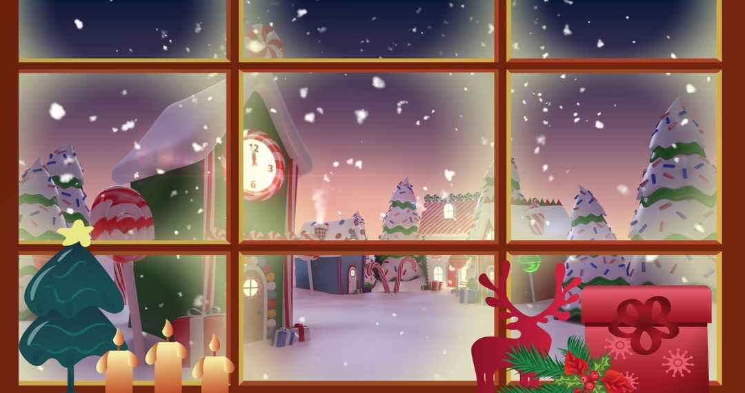 Snowfall Over Christmas Village Through Window