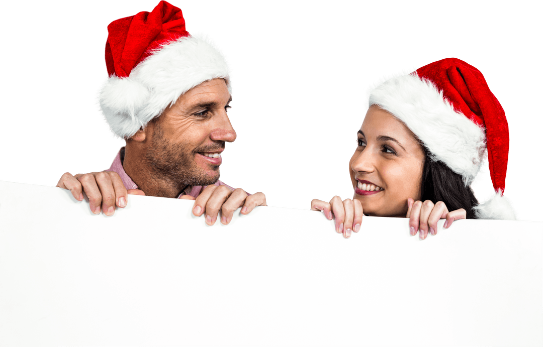 Smiling Couple in Santa Hats Holding Large Blank Sign Transparent