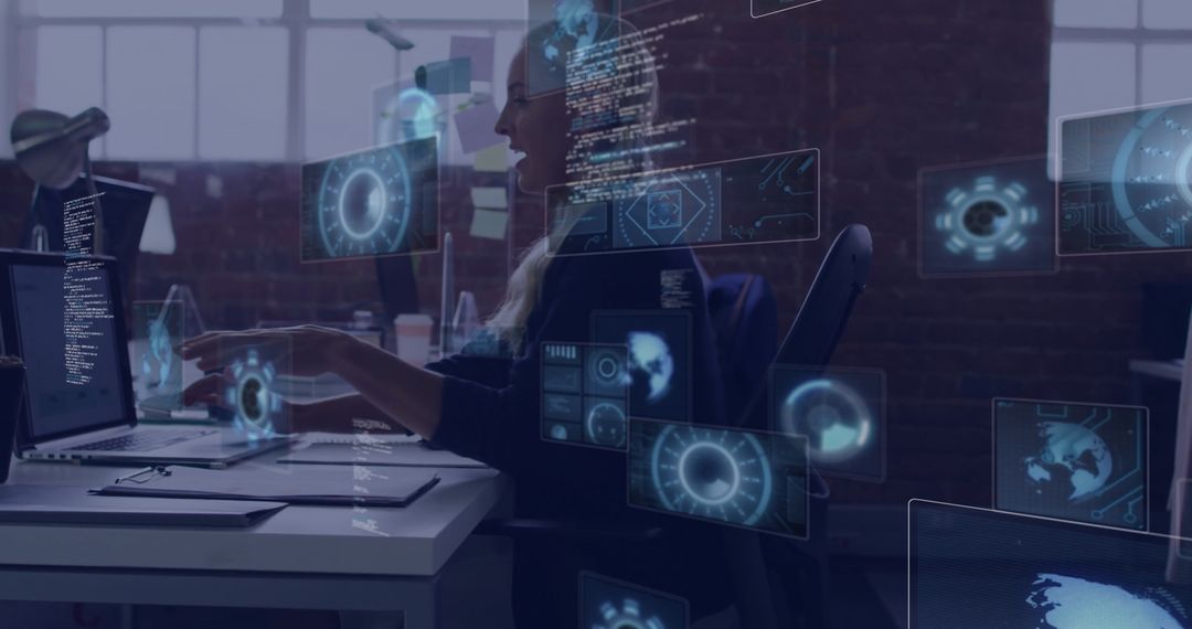 Professional Woman Interacting with Futuristic Holographic Interface