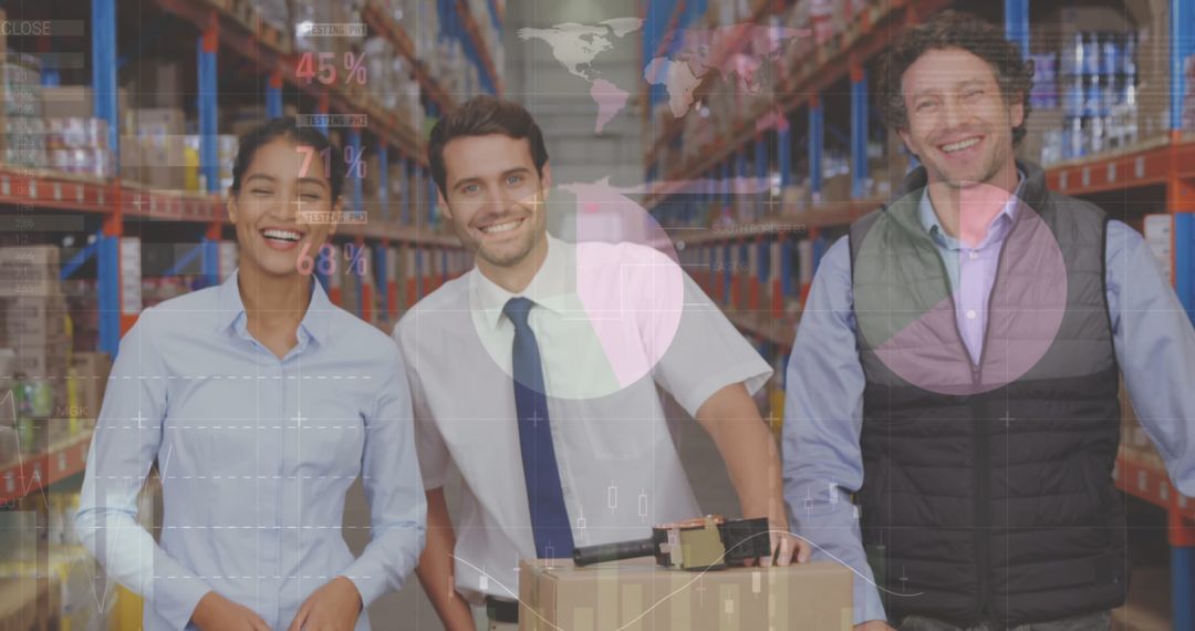 Global Logistics Team in Warehouse with Data Visualization