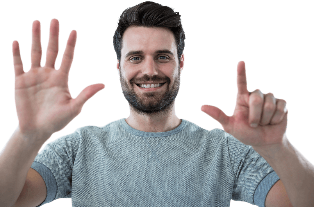Caucasian Man Showing Seven Fingers on Transparent Background
