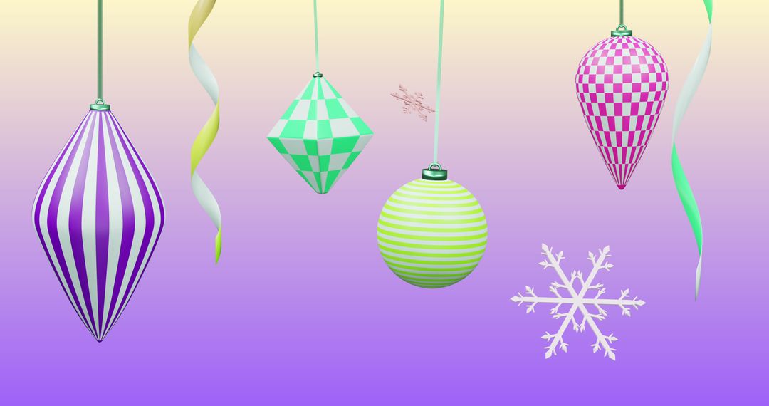 Colorful Christmas Ornaments Hanging on Pastel Background