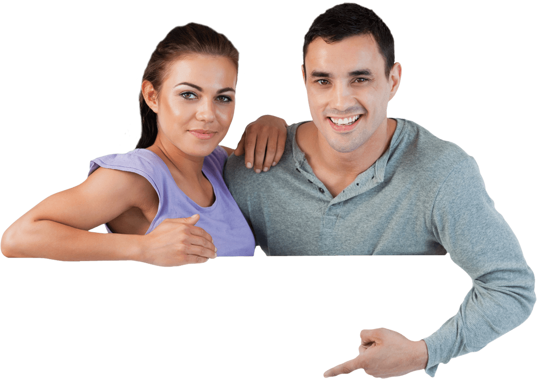 Attractive Couple Holding Blank Transparent Card for Advertising
