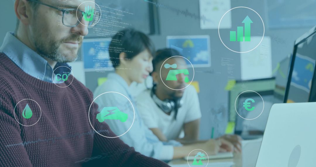 Team Analyzing Data with Technology Icons, Modern Office Concept