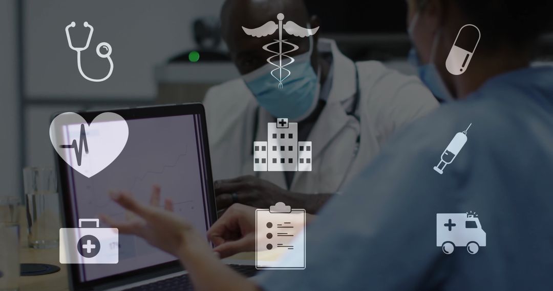 Diverse Doctors Discussing Healthcare Data with Digital Icons Overlay