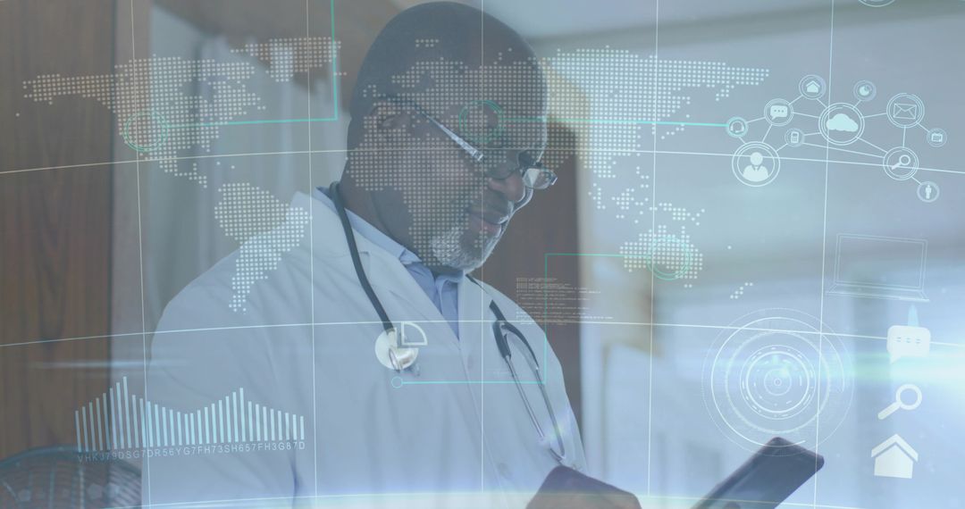 Doctor Analyzing Data on Tablet with Futuristic Digital Interface Overlay