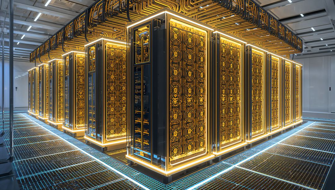 Glowing Server Rack Island Showcasing Gold Panels and Blue LEDs in Futuristic Data Center