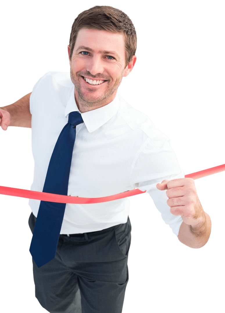 Transparent Businessman Triumphantly Crossing Finish Line Pose