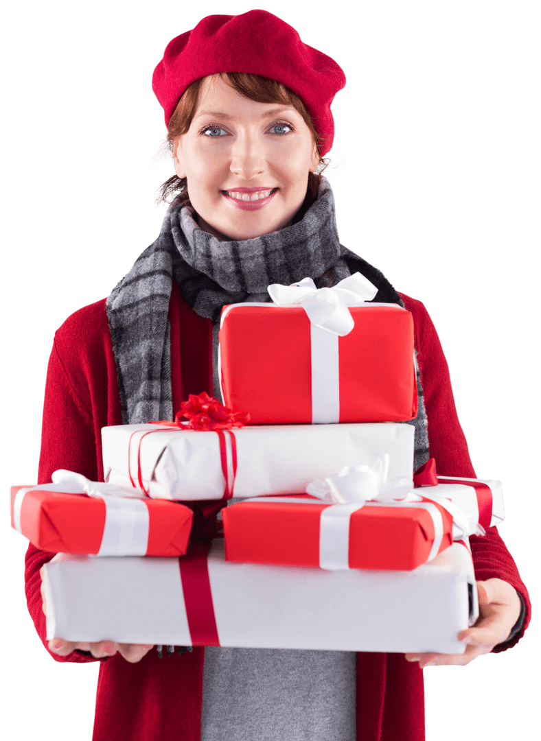 Charming Woman Holding Transparent Holiday Gifts Smiling Joyfully