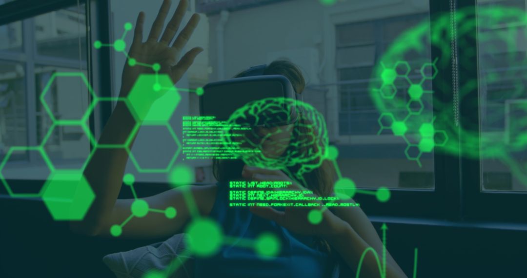 Woman in VR Headset Surrounded by Scientific Data and Graphics