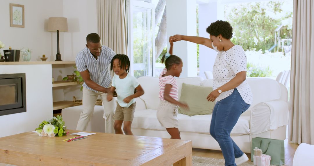 Joyful Family Dancing at Home in Living Room Setting