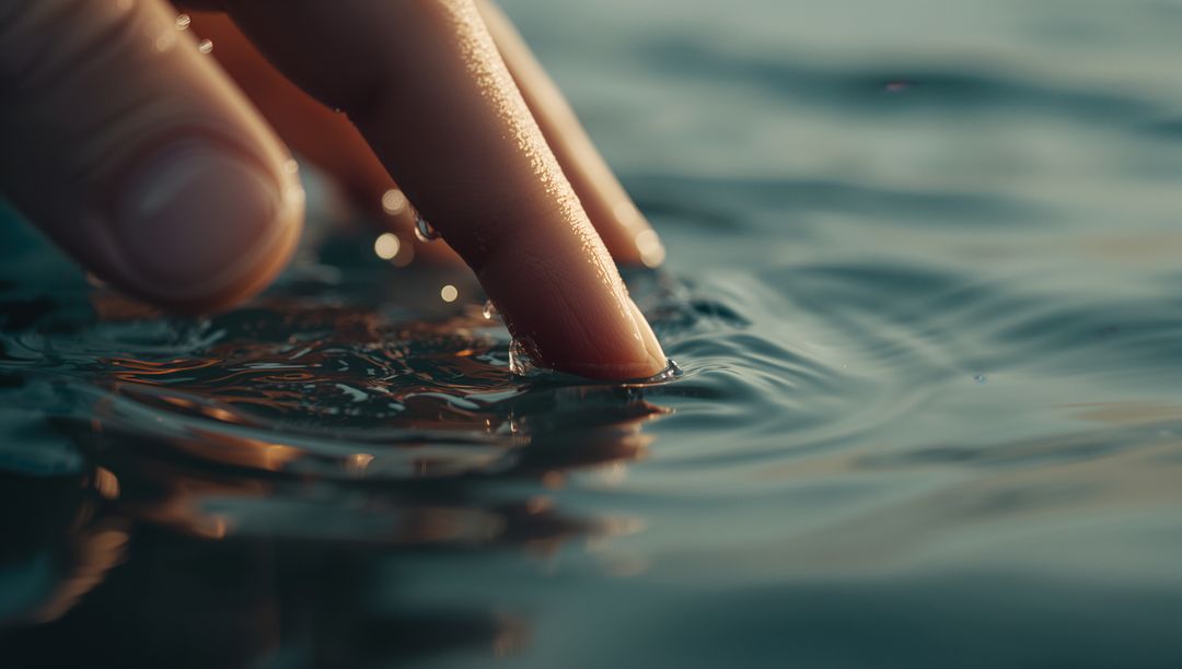 Fingertip Touching Calm Water Creating Gentle Ripples Droplets Closeup Serene Reflection