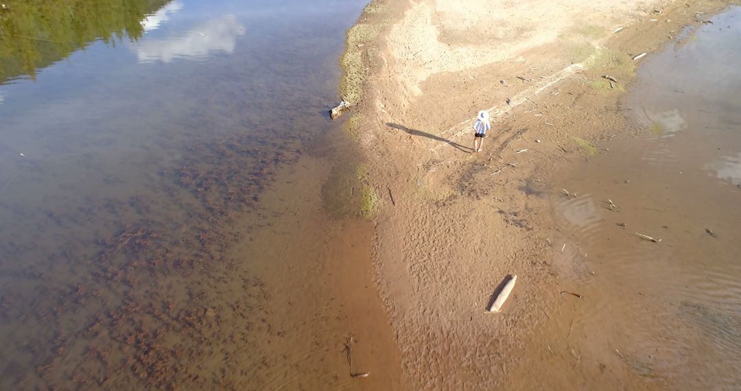 Drone View of Person on Sandy Banks of River - Free Images, Stock Photos and Pictures on Pikwizard.com