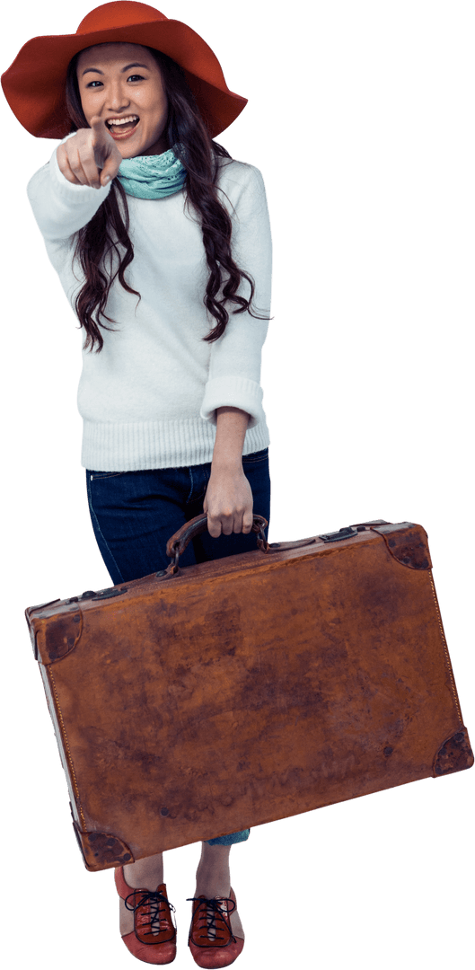 Smiling Woman Holding Vintage Suitcase on Transparent Background